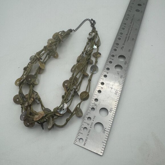 Shell Disc Charm Olive Green Multi Strand Statement Necklace Adjustable Closure - Picture 3 of 4